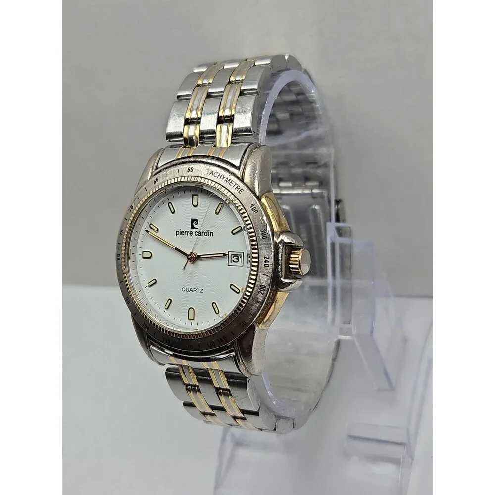 Pierre Cardin Mens Tachymeter Date 41mm Watch Two Tone Silver Gold New Battery